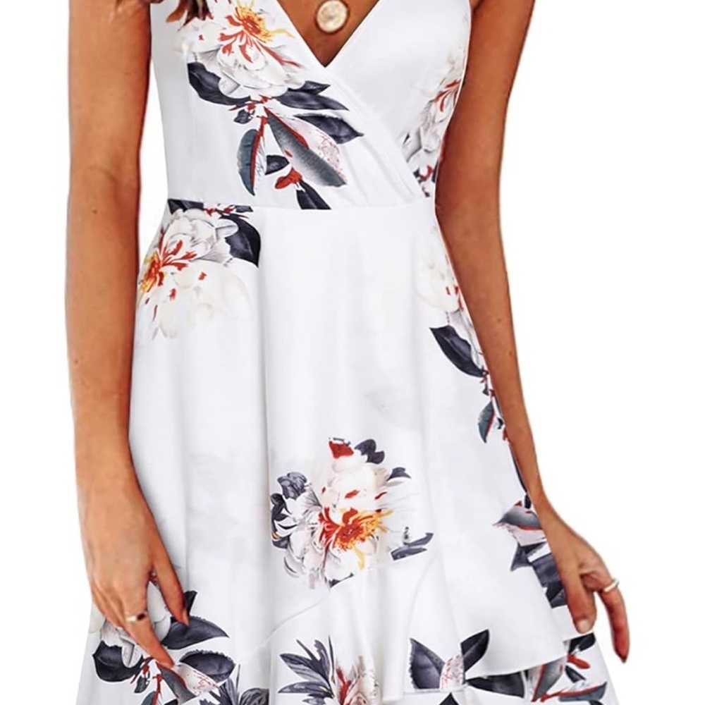 White Floral V-Neck A-Line Dress